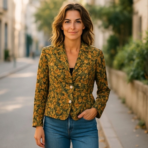 Vintage Quo Silk Leaf Print Blouse Jacket L | Fall Grandpa Fit - Picture 2 of 13